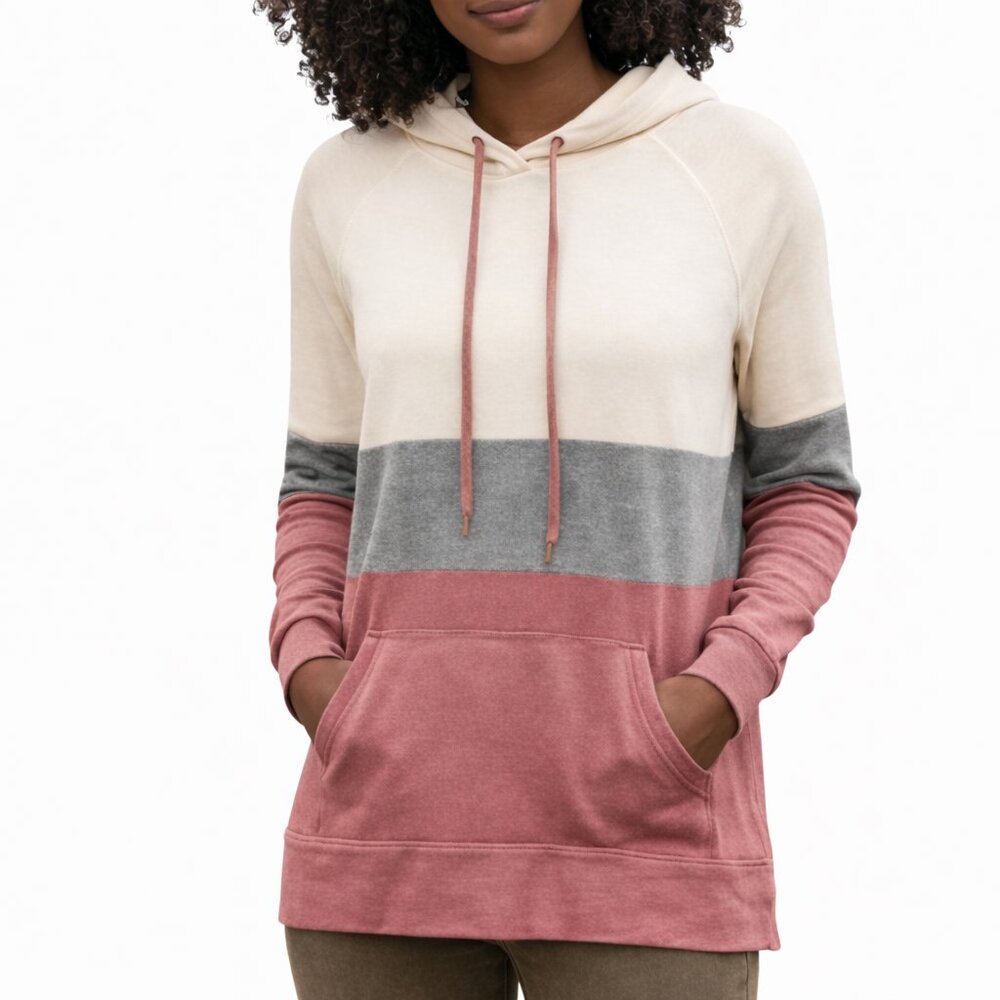 NWT Market & Spruce Colorblock Pink Cream Gray Hoodie Pullover Thumb Holes S